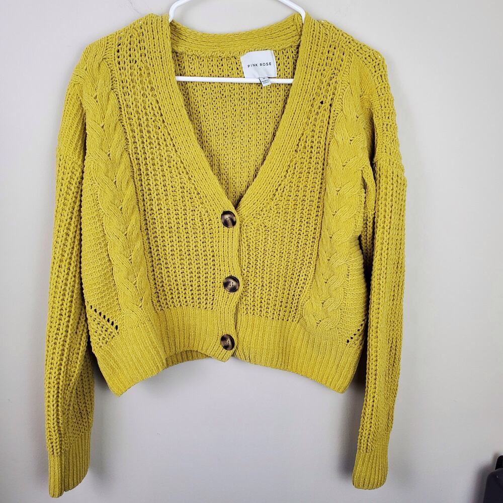 PINK ROSE | Cropped Chunky Knit | Yellow | Cardigan Sweater | Medium - Picture 3 of 8
